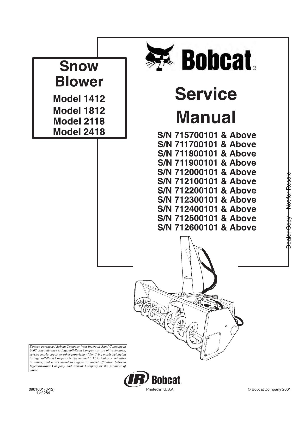 Snow Blower Attachment Service Manual Bobcat